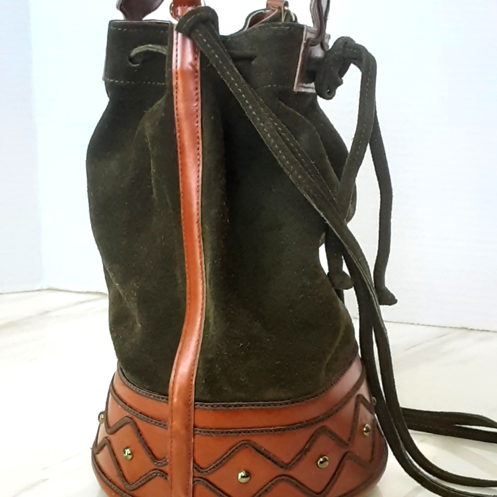 VTG YVES STAINT LAURANT ANJA Green Suede Caramel Leather Mini Bucket Bag - Picture 3 of 13